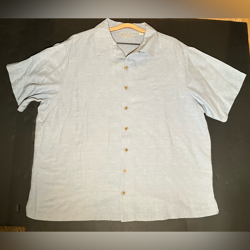 Caribbean Pure Silk Short Sleeve Shirt Mens Size 2xb Light Blue Euc